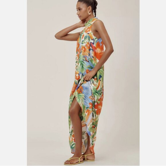 Farm Rio Anthropologie Halter Maxi Dress Haven Size S NWT Parrots Floral Toucan - Picture 5 of 5